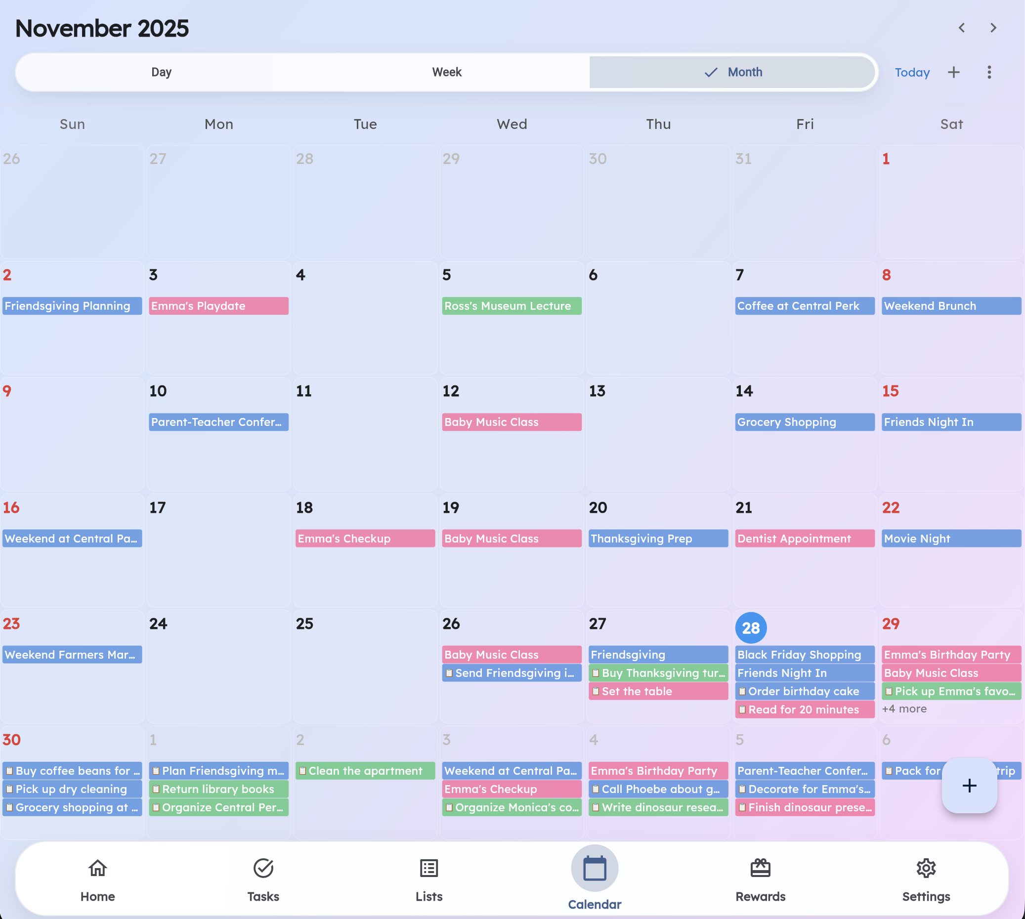 Family calendar with synced routines, tasks, and events for family organization