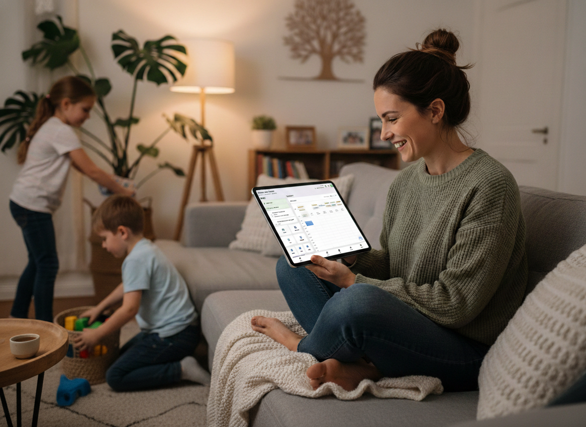 A mom using Treehouse on a tablet while her kids play nearby