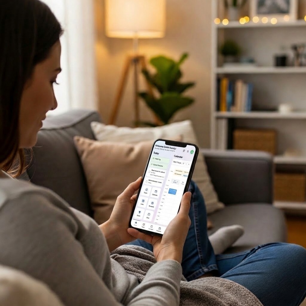 A parent using Treehouse on a phone from the couch