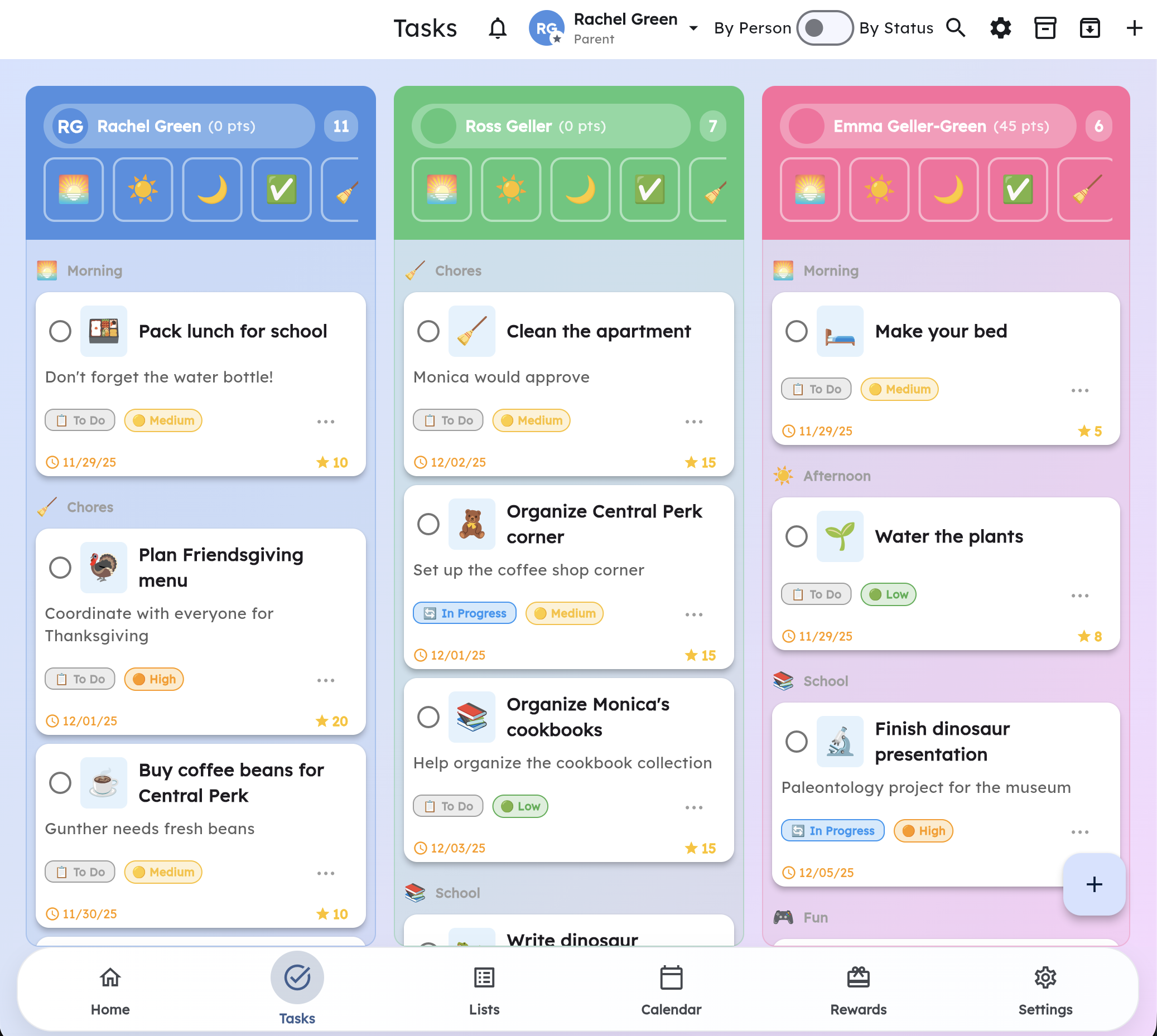 Family chore and task management app showing assigned tasks and routines organized by family member